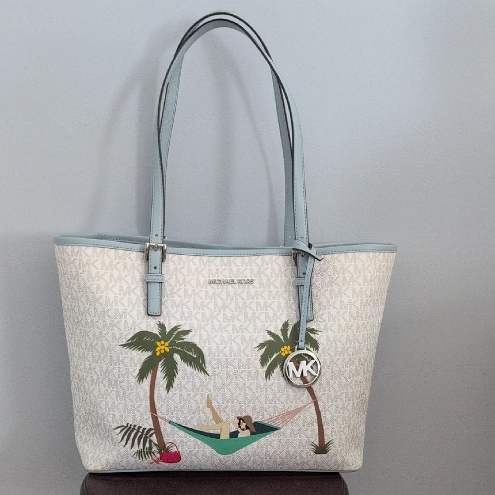 🌴Michael Kors Set🌴 Jet Set Travel Girls Tote w/Tropical Palms Bag & Wallet - Picture 4 of 6